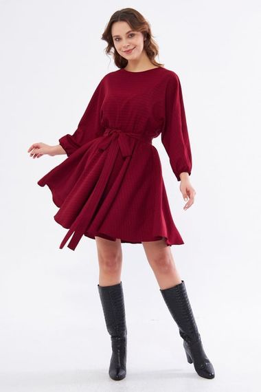 Burgundy Plaid Disassembled Mini Flared Dress with 2 Different Black Collars and Elastic Waist - photo 1