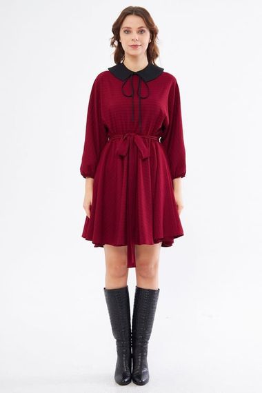 Burgundy Plaid Disassembled Mini Flared Dress with 2 Different Black Collars and Elastic Waist - photo 4