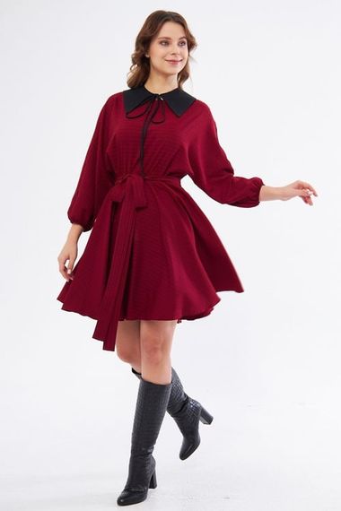 Burgundy Plaid Disassembled Mini Flared Dress with 2 Different Black Collars and Elastic Waist - photo 5
