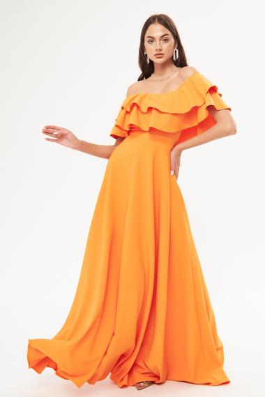 فستان سهرة واسع بكتف منخفض وطبقة مزدوجة وكشكشة وياقة كارمن وطول طويل وفستان تخرج - برتقالي - صورة 1