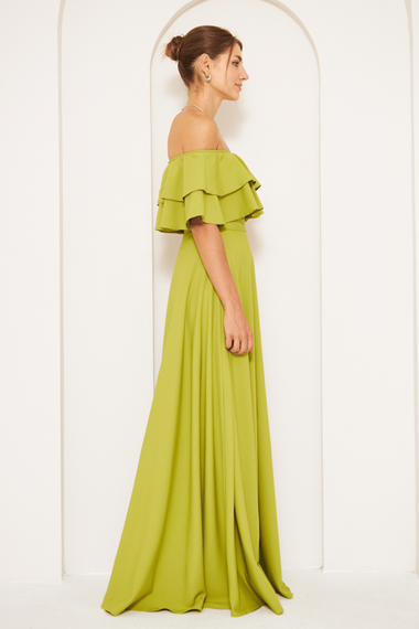 فستان سهرة بكتف منخفض وطبقة مزدوجة وتفاصيل كشكش وياقة كارمن وطول طويل وفستان تخرج-أخضر فستقي - صورة 3