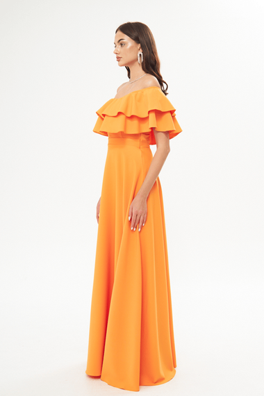 فستان سهرة واسع بكتف منخفض وطبقة مزدوجة وكشكشة وياقة كارمن وطول طويل وفستان تخرج - برتقالي - صورة 3