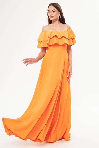 فستان سهرة واسع بكتف منخفض وطبقة مزدوجة وكشكشة وياقة كارمن وطول طويل وفستان تخرج - برتقالي - صورة 2