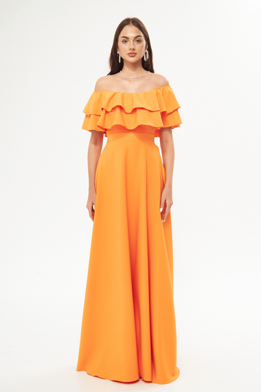فستان سهرة واسع بكتف منخفض وطبقة مزدوجة وكشكشة وياقة كارمن وطول طويل وفستان تخرج - برتقالي - صورة 4