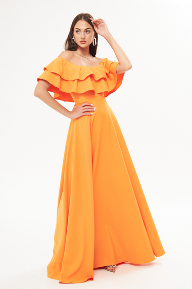 فستان سهرة واسع بكتف منخفض وطبقة مزدوجة وكشكشة وياقة كارمن وطول طويل وفستان تخرج - برتقالي - صورة 5