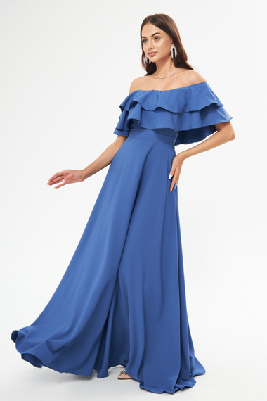 فستان سهرة واسع بكتف منخفض وطبقة مزدوجة وكشكشة وياقة كارمن وطول طويل وفستان تخرج - أزرق دنيم - صورة 1
