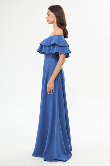 فستان سهرة واسع بكتف منخفض وطبقة مزدوجة وكشكشة وياقة كارمن وطول طويل وفستان تخرج - أزرق دنيم - صورة 5