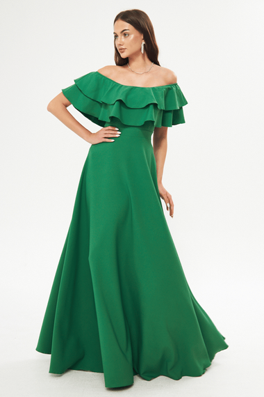 فستان سهرة بكتف منخفض وطبقة مزدوجة وكشكشة وياقة كارمن وطول طويل وفستان تخرج - أخضر عشبي - صورة 1