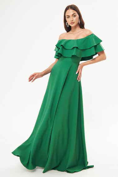 فستان سهرة بكتف منخفض وطبقة مزدوجة وكشكشة وياقة كارمن وطول طويل وفستان تخرج - أخضر عشبي - صورة 2