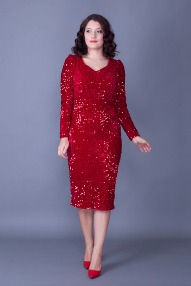 فستان سهرة من القماش المخملي المرن بأكمام طويلة وطول متوسط الطول وفستان للدعوة والتخرج - أحمر - صورة 1