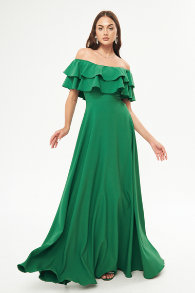 فستان سهرة بكتف منخفض وطبقة مزدوجة وكشكشة وياقة كارمن وطول طويل وفستان تخرج - أخضر عشبي - صورة 3
