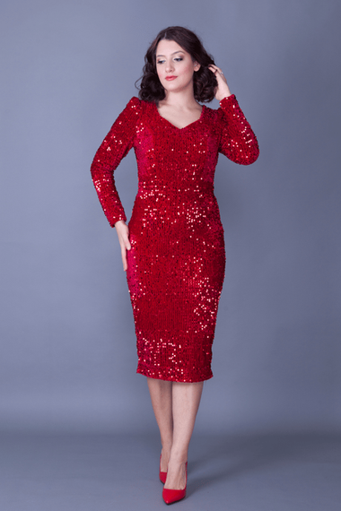 فستان سهرة من القماش المخملي المرن بأكمام طويلة وطول متوسط الطول وفستان للدعوة والتخرج - أحمر - صورة 2
