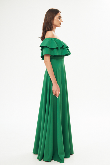 فستان سهرة بكتف منخفض وطبقة مزدوجة وكشكشة وياقة كارمن وطول طويل وفستان تخرج - أخضر عشبي - صورة 5