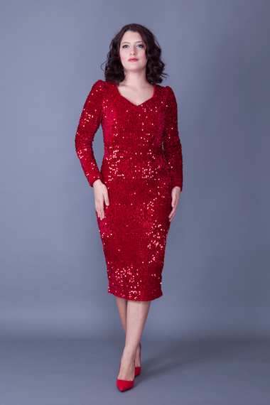 فستان سهرة من القماش المخملي المرن بأكمام طويلة وطول متوسط الطول وفستان للدعوة والتخرج - أحمر - صورة 4