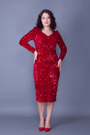 فستان سهرة من القماش المخملي المرن بأكمام طويلة وطول متوسط الطول وفستان للدعوة والتخرج - أحمر - صورة 5