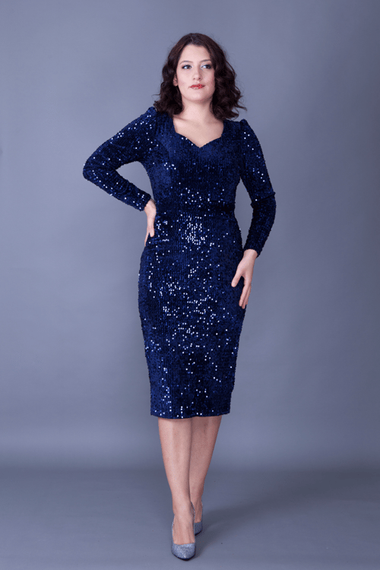 فستان سهرة من القماش المخملي المرن بأكمام طويلة وطول متوسط الطول وفستان للدعوة والتخرج - أزرق داكن - صورة 3