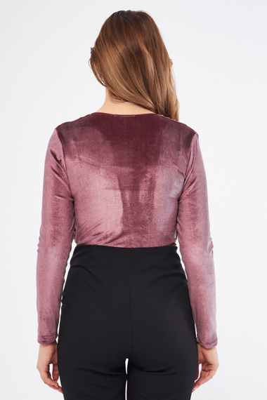 Dusty Rose Gather Detail Long Sleeve Flexible Velvet Fabric Snap Fastener Body - photo 3