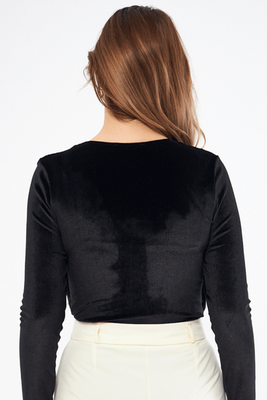 Black Gather Detail Long Sleeve Flexible Velvet Fabric Snap Fastener Body - photo 5