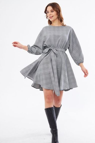 Gray Plaid Disassembled Mini Flared Dress with 2 Different Black Collars and Elastic Waist - photo 1