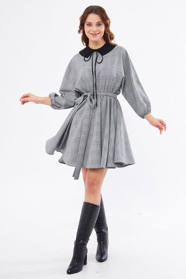 Gray Plaid Disassembled Mini Flared Dress with 2 Different Black Collars and Elastic Waist - photo 5