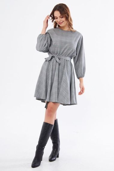 Gray Plaid Disassembled Mini Flared Dress with 2 Different Black Collars and Elastic Waist - photo 3