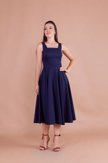 Women's Square Neck Sleeveless Midi Dress-Navy Blue - photo 1