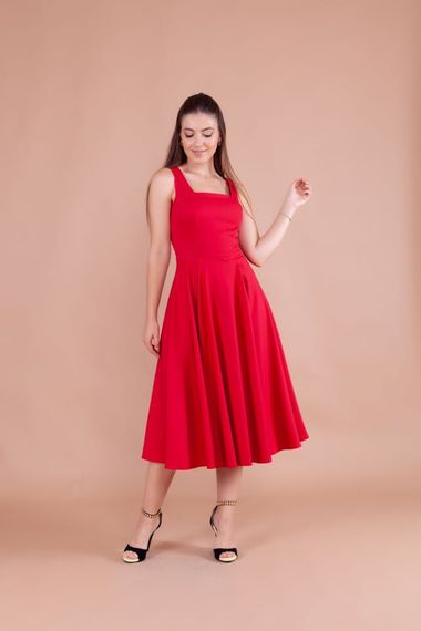 Women's Square Collar Sleeveless Midi Dress-Red - photo 1