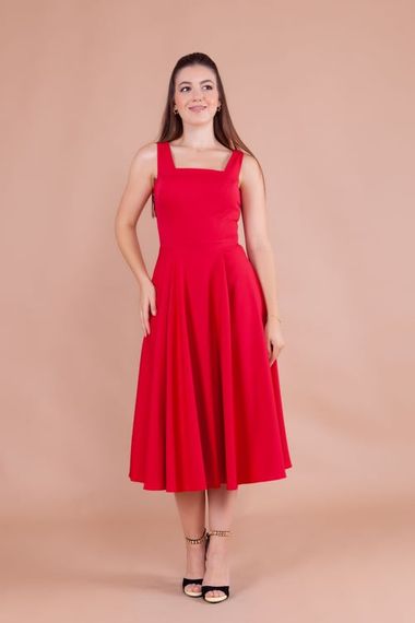 Women's Square Collar Sleeveless Midi Dress-Red - photo 3