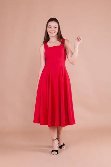 Women's Square Collar Sleeveless Midi Dress-Red - photo 2