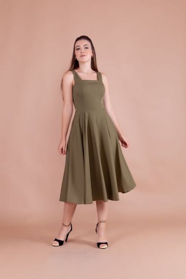 Women's Square Neck Sleeveless Midi Dress-Khaki - photo 1