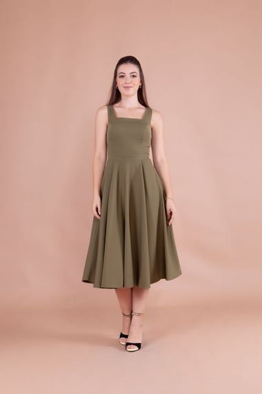 Women's Square Neck Sleeveless Midi Dress-Khaki - photo 2