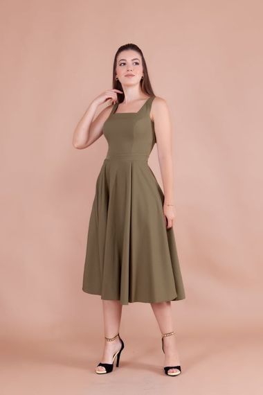 Women's Square Neck Sleeveless Midi Dress-Khaki - photo 4