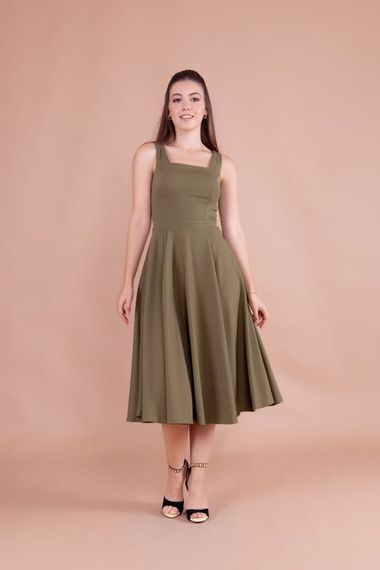 Women's Square Neck Sleeveless Midi Dress-Khaki - photo 3