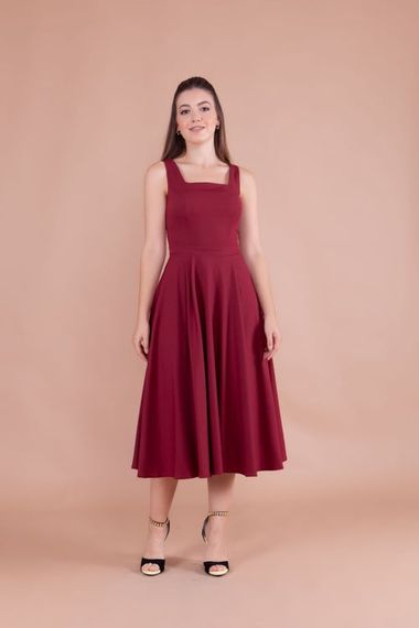 Women's Square Neck Sleeveless Midi Dress-Burgundy - photo 2