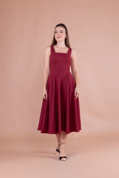 Women's Square Neck Sleeveless Midi Dress-Burgundy - photo 3