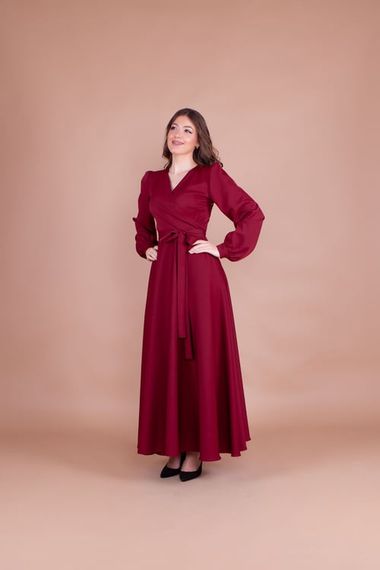 Women's Double Breasted Collar Long Sleeve Belted Maxi Dress - CLARET red - photo 3