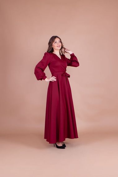 Women's Double Breasted Collar Long Sleeve Belted Maxi Dress - CLARET red - photo 4