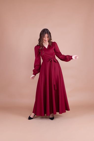 Women's Double Breasted Collar Long Sleeve Belted Maxi Dress - CLARET red - photo 2