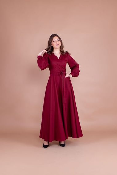 Women's Double Breasted Collar Long Sleeve Belted Maxi Dress - CLARET red - photo 1