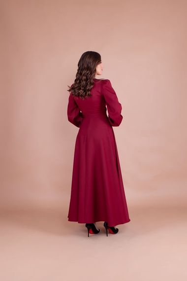 Women's Double Breasted Collar Long Sleeve Belted Maxi Dress - CLARET red - photo 5