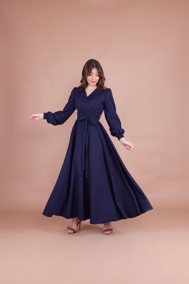 Women's Double Breasted Collar Long Sleeve Belted Maxi Dress - NAVY BLUE - photo 2