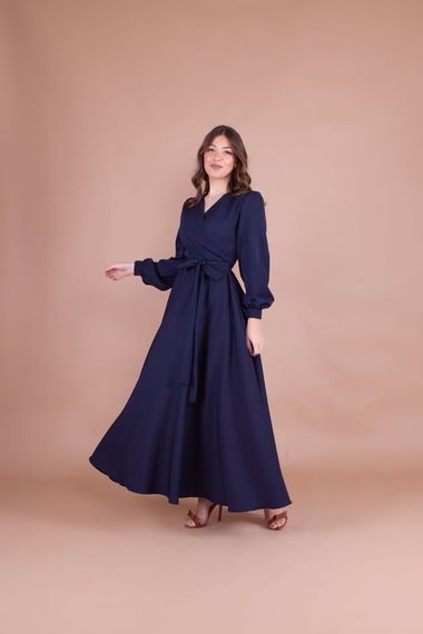 Women's Double Breasted Collar Long Sleeve Belted Maxi Dress - NAVY BLUE - photo 3