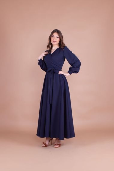 Women's Double Breasted Collar Long Sleeve Belted Maxi Dress - NAVY BLUE - photo 4