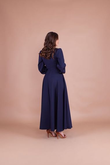 Women's Double Breasted Collar Long Sleeve Belted Maxi Dress - NAVY BLUE - photo 5