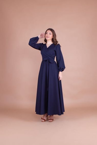 Women's Double Breasted Collar Long Sleeve Belted Maxi Dress - NAVY BLUE - photo 1