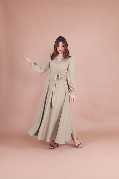 Women's Double Breasted Collar Long Sleeve Belted Maxi Dress - OIL GREEN - photo 3