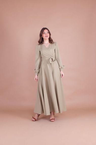 Women's Double Breasted Collar Long Sleeve Belted Maxi Dress - OIL GREEN - photo 1