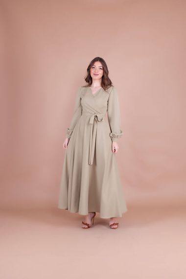 Women's Double Breasted Collar Long Sleeve Belted Maxi Dress - OIL GREEN - photo 2