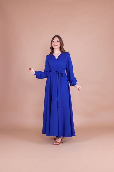 Women's Double Breasted Collar Long Sleeve Belted Maxi Dress - SAX BLUE - photo 1