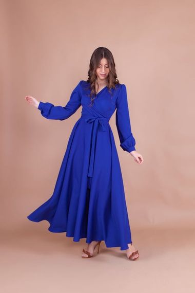 Women's Double Breasted Collar Long Sleeve Belted Maxi Dress - SAX BLUE - photo 2